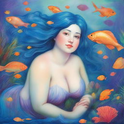 A chubby mermaid with short blue hair, depicted in the style of Pre-Raphaelite art