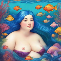 A chubby mermaid with short blue hair, depicted in the style of Pre-Raphaelite art