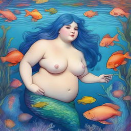 A chubby mermaid with short blue hair, depicted in the style of Pre-Raphaelite art