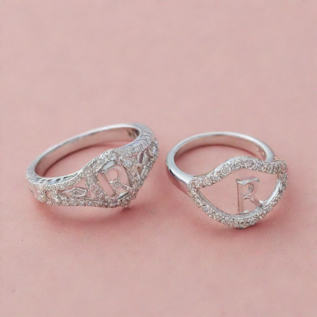 Two similar silver engagement rings, one embellished with the letter 'R', and the second adorned with the letter 'J'.