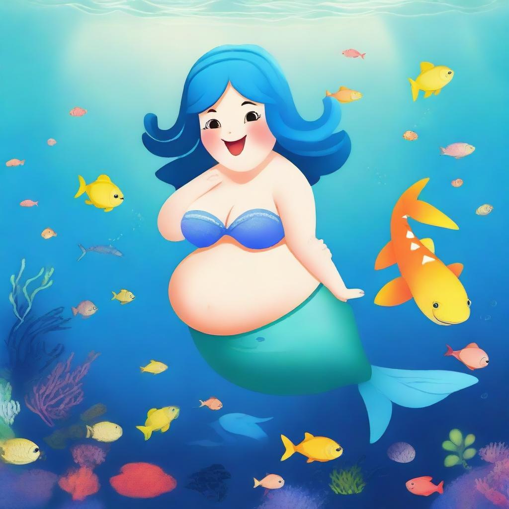 Create an image of a chubby mermaid with short blue hair swimming alongside a friendly shark