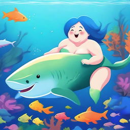 Create an image of a chubby mermaid with short blue hair swimming alongside a friendly shark