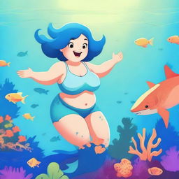 Create an image of a chubby mermaid with short blue hair swimming alongside a friendly shark