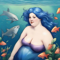 Create an image of a chubby mermaid with short blue hair in a pre-Raphaelite art style, swimming alongside a gentle shark