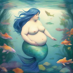 Create an image of a chubby mermaid with short blue hair in a pre-Raphaelite art style, swimming alongside a gentle shark