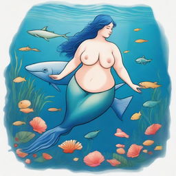 Create an image of a chubby mermaid with short blue hair in a pre-Raphaelite art style, swimming alongside a gentle shark