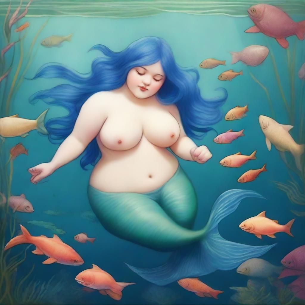 Create an image of a chubby mermaid with short blue hair in a pre-Raphaelite art style, swimming alongside a gentle shark