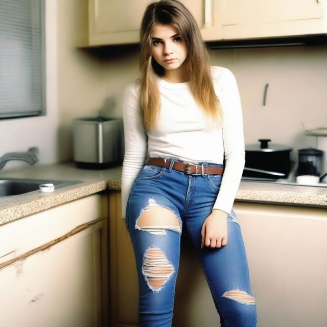 A real photo of a 16-year-old girl wearing ripped tight jeans with a belt, sitting on a chair in a kitchen