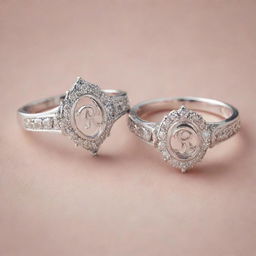 Two similar silver engagement rings, one embellished with the letter 'R', and the second adorned with the letter 'J'.