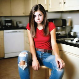 A real photo of a 16-year-old girl wearing ripped tight jeans with a belt, sitting on a chair in a kitchen