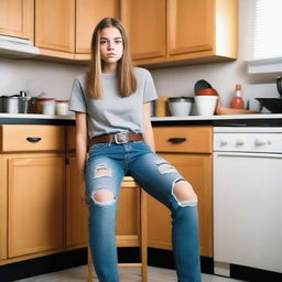 A real photo of a 16-year-old girl wearing ripped tight jeans with a belt, sitting on a chair in a kitchen