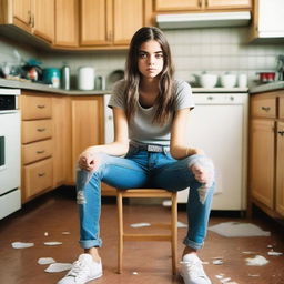 A real photo of a 16-year-old girl wearing ripped tight jeans with a belt, sitting on a chair in a kitchen