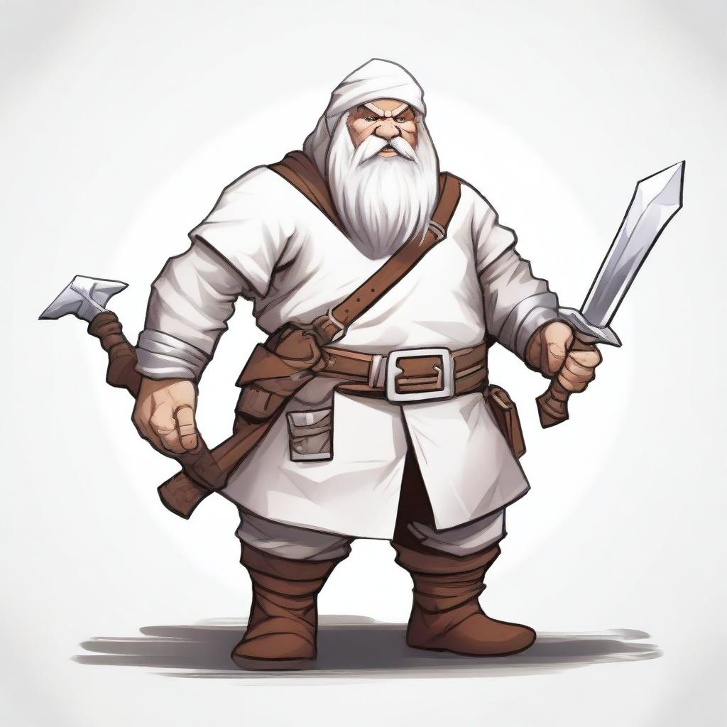 A detailed illustration of a Dungeons and Dragons character, a dwarf dressed in white clothing