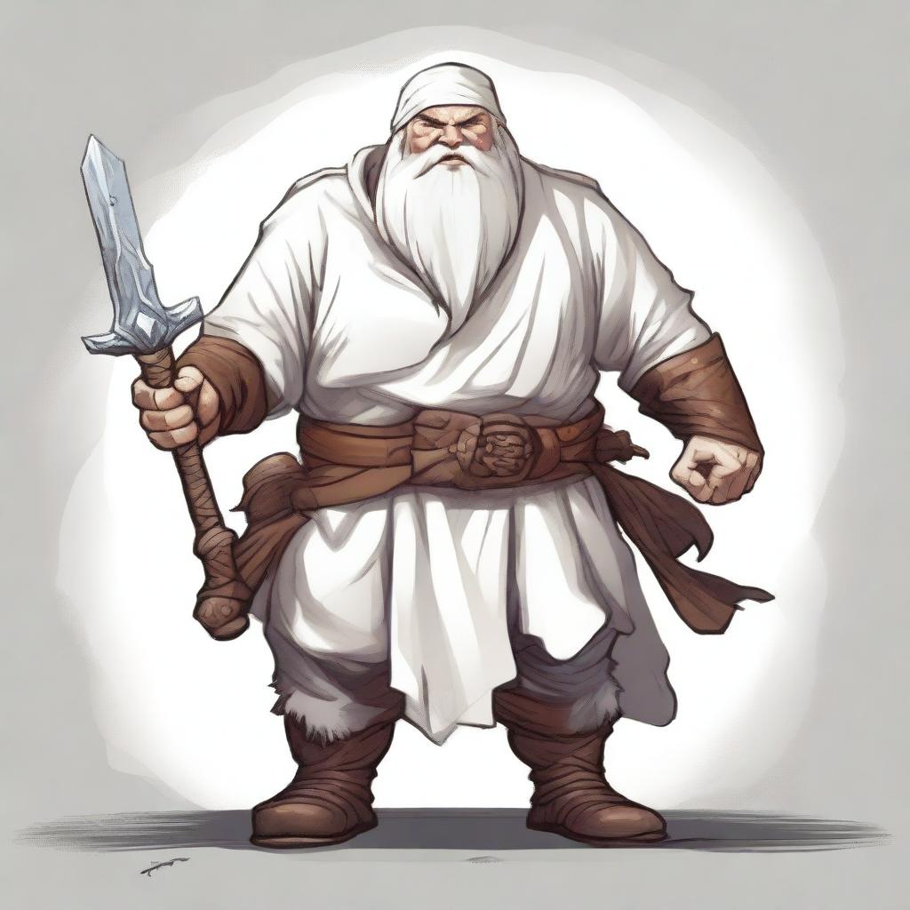 A detailed illustration of a Dungeons and Dragons character, a dwarf dressed in white clothing