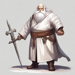 A detailed illustration of a Dungeons and Dragons character, a dwarf dressed in white temple robes