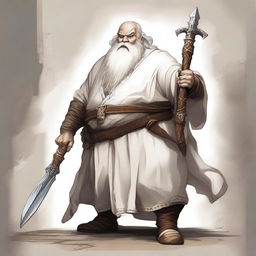 A detailed illustration of a Dungeons and Dragons character, a dwarf dressed in white temple robes