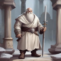 A detailed illustration of a Dungeons and Dragons character, a dwarf dressed in white temple robes