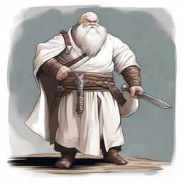 A detailed illustration of a Dungeons and Dragons character, a dwarf dressed in white temple robes