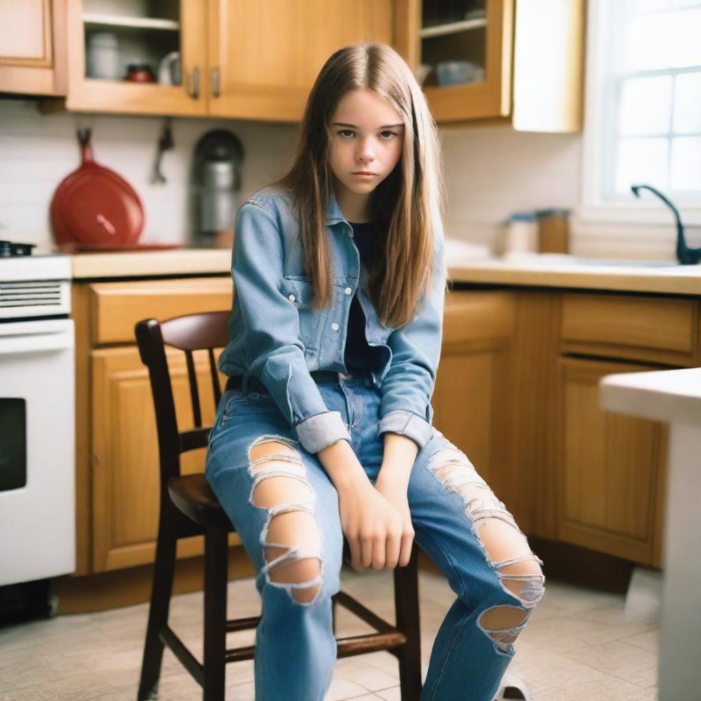 A real photo of a 14-year-old girl wearing ripped tight jeans with a belt, sitting on a chair in a kitchen