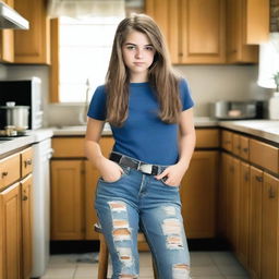 A real photo of a 14-year-old girl wearing ripped tight jeans with a belt, sitting on a chair in a kitchen