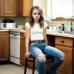 A real photo of a 14-year-old girl wearing ripped tight jeans with a belt, sitting on a chair in a kitchen