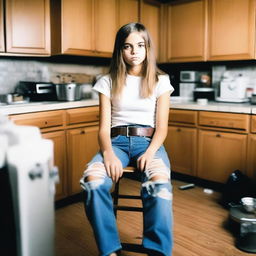 A real photo of a 14-year-old girl wearing ripped tight jeans with a belt, sitting on a chair in a kitchen