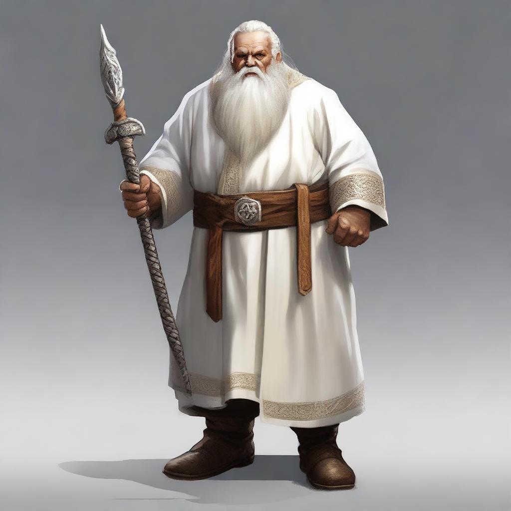 A realistic illustration of a Dungeons and Dragons character, a dwarf dressed in white temple robes