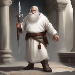 A realistic illustration of a Dungeons and Dragons character, a dwarf dressed in white temple robes