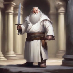 A realistic illustration of a Dungeons and Dragons character, a dwarf dressed in white temple robes