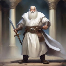 A realistic illustration of a Dungeons and Dragons character, a dwarf dressed in white temple robes