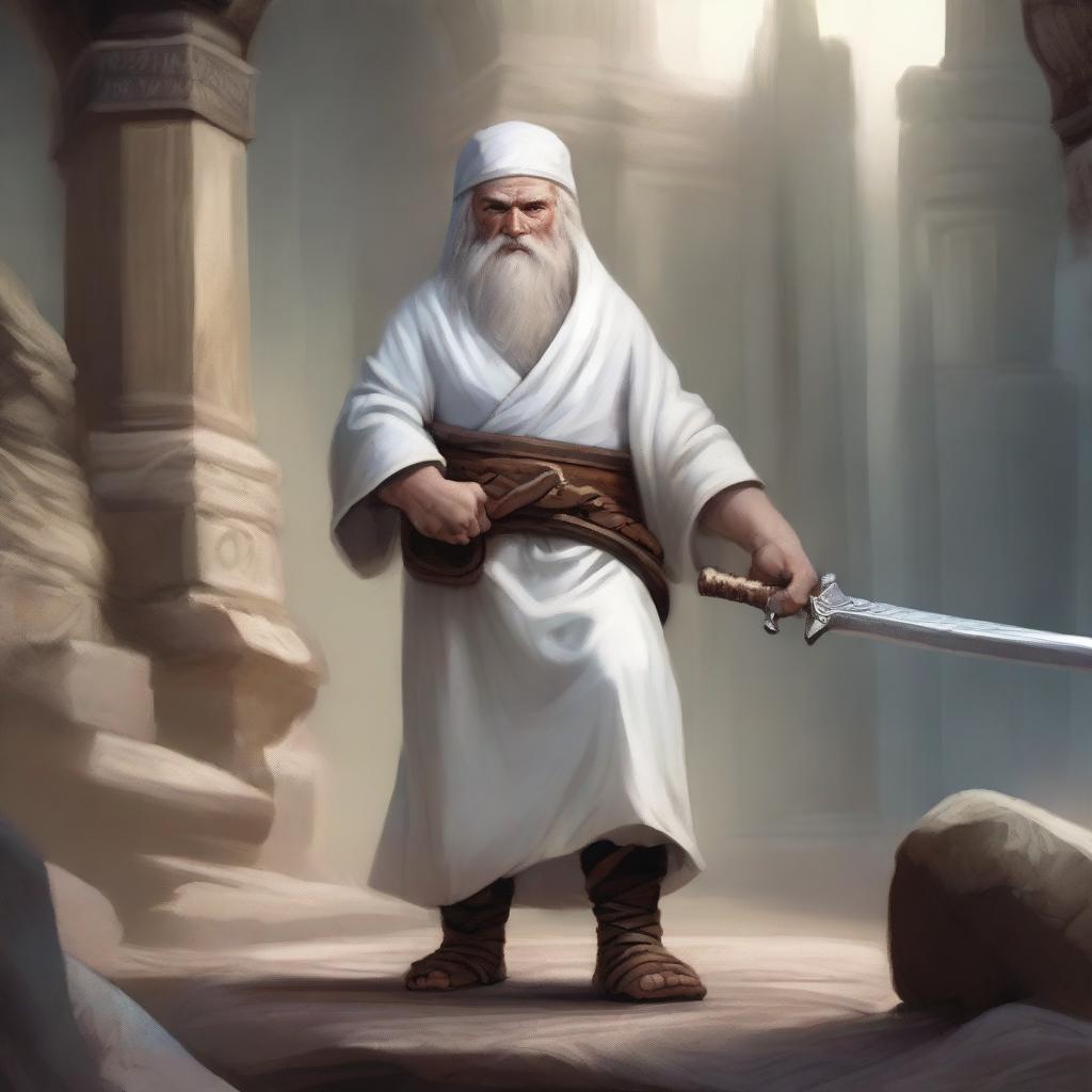 A realistic illustration of a Dungeons and Dragons character, a young dwarf dressed in white temple robes