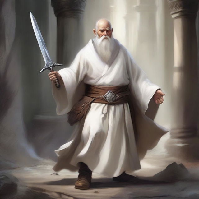 A realistic illustration of a Dungeons and Dragons character, a young dwarf dressed in white temple robes