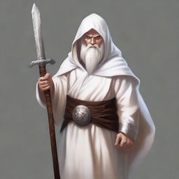 A realistic illustration of a Dungeons and Dragons character, a young dwarf dressed in white temple robes