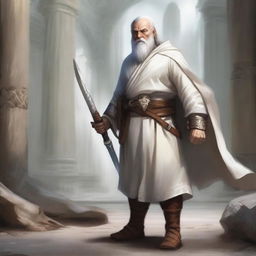 A realistic illustration of a Dungeons and Dragons character, a young dwarf dressed in white temple robes