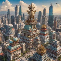 A sprawling global cityscape with the addition of mythical creatures and heroes from Filipino mythology, blending modern architecture with folkloric elements.