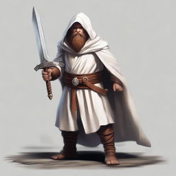 A realistic illustration of a Dungeons and Dragons character, a young dwarf in white temple robes carrying a long sword that is somewhat worn but looks like a relic