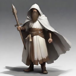 A realistic illustration of a Dungeons and Dragons character, a young dwarf in white temple robes carrying a long sword that is somewhat worn but looks like a relic