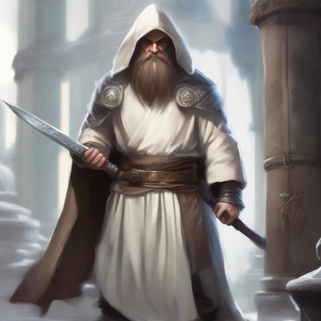 A realistic illustration of a Dungeons and Dragons character, a young dwarf in white temple robes carrying a long sword that is somewhat worn but looks like a relic