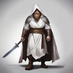 A realistic illustration of a Dungeons and Dragons character, a young dwarf in white temple robes carrying a long sword that is somewhat worn but looks like a relic