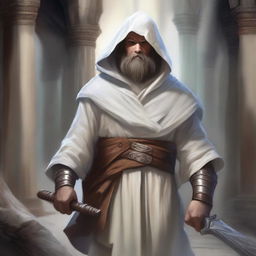 A realistic illustration of a Dungeons and Dragons character, a young dwarf in white temple robes carrying a long sword that is somewhat worn but looks like a relic