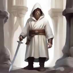 A realistic illustration of a Dungeons and Dragons character, a young dwarf in white temple robes carrying a long sword that is somewhat worn but looks like a relic