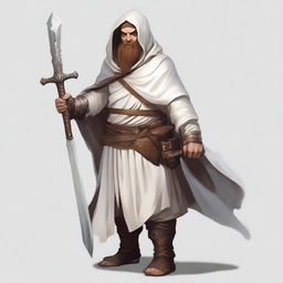 A realistic illustration of a Dungeons and Dragons character, a young dwarf in white temple robes carrying a long sword that is somewhat worn but looks like a relic