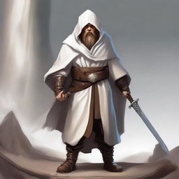 A realistic illustration of a Dungeons and Dragons character, a young dwarf in white temple robes carrying a long sword that is somewhat worn but looks like a relic