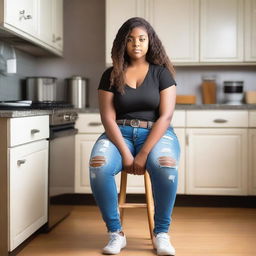 A real photo of a 14-year-old curvy girl wearing ripped tight jeans with a belt, sitting on a chair in a kitchen