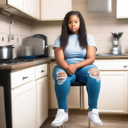 A real photo of a 14-year-old curvy girl wearing ripped tight jeans with a belt, sitting on a chair in a kitchen