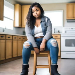 A real photo of a 14-year-old curvy girl wearing ripped tight jeans with a belt, sitting on a chair in a kitchen