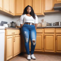 A real photo of a 14-year-old curvy girl wearing ripped tight jeans with a belt, sitting on a chair in a kitchen