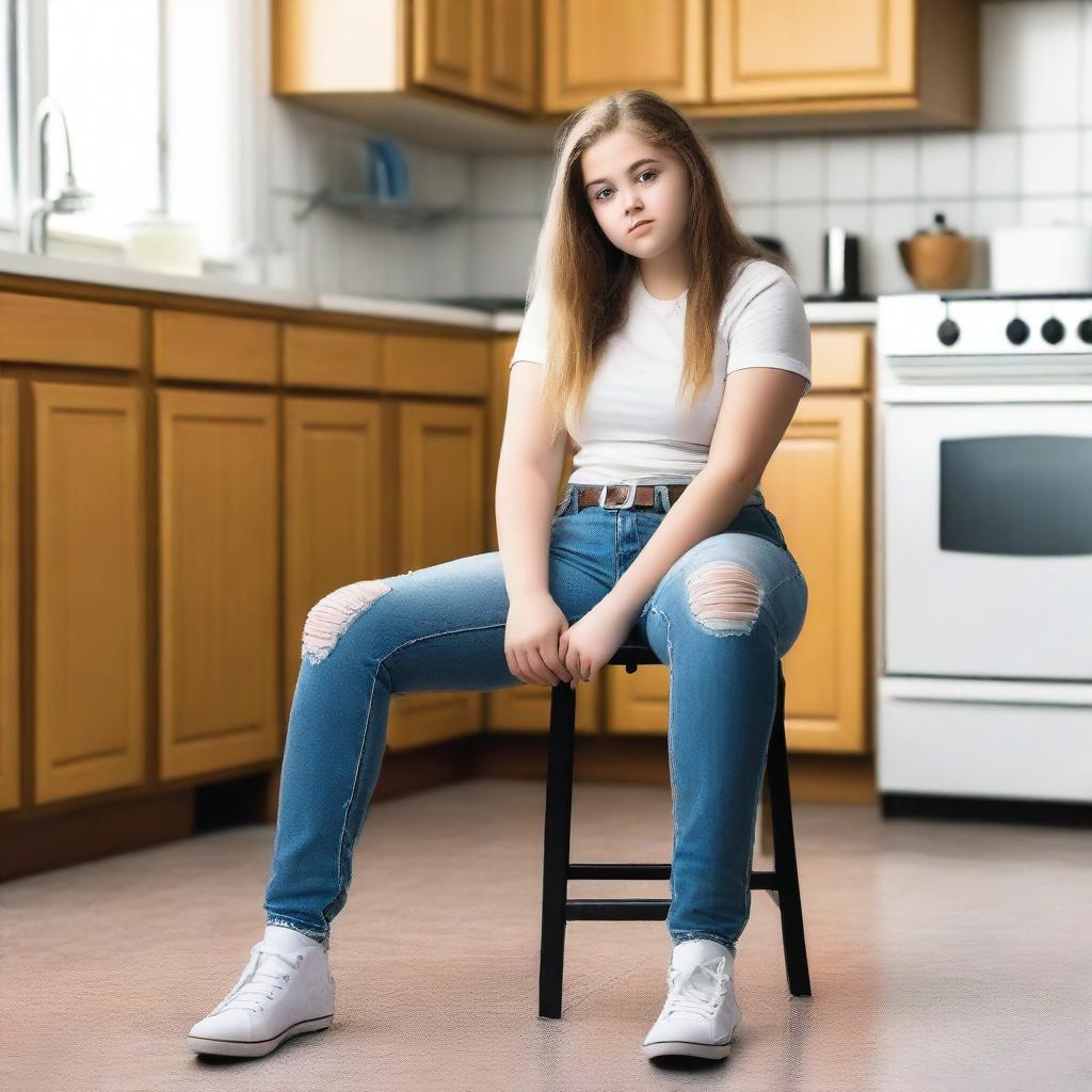 A real photo of a 14-year-old curvy Caucasian girl wearing ripped tight jeans with a belt, sitting on a chair in a kitchen