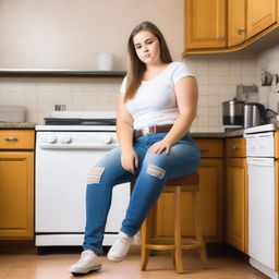 A real photo of a 14-year-old curvy Caucasian girl wearing ripped tight jeans with a belt, sitting on a chair in a kitchen