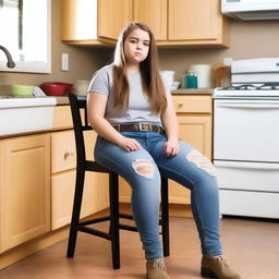 A real photo of a 14-year-old curvy Caucasian girl wearing ripped tight jeans with a belt, sitting on a chair in a kitchen